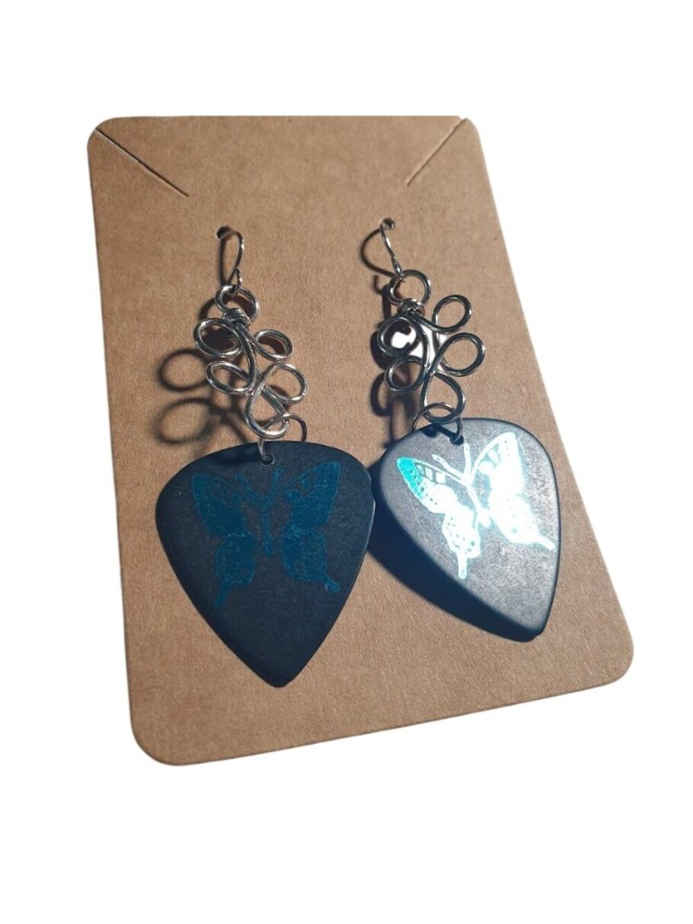 Guitar Pick Dangle Earrings Angels Rocks Butterfly Design Silver Tone Handmade - Picture 3 of 5